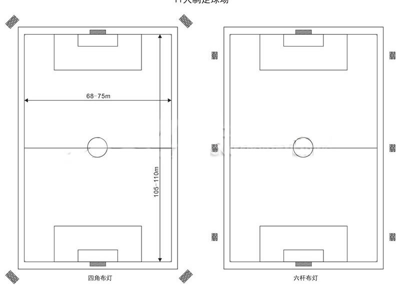 不帶跑道11人制足球場(chǎng)地照明四角布燈和六桿布燈圖，八桿布燈可以直接咨詢